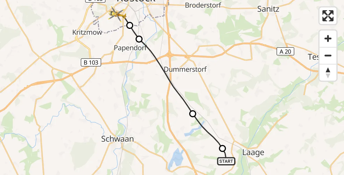 Flugroute Rettungshubschrauber Laage - Rostock, 03 Juni 2026, 19:35