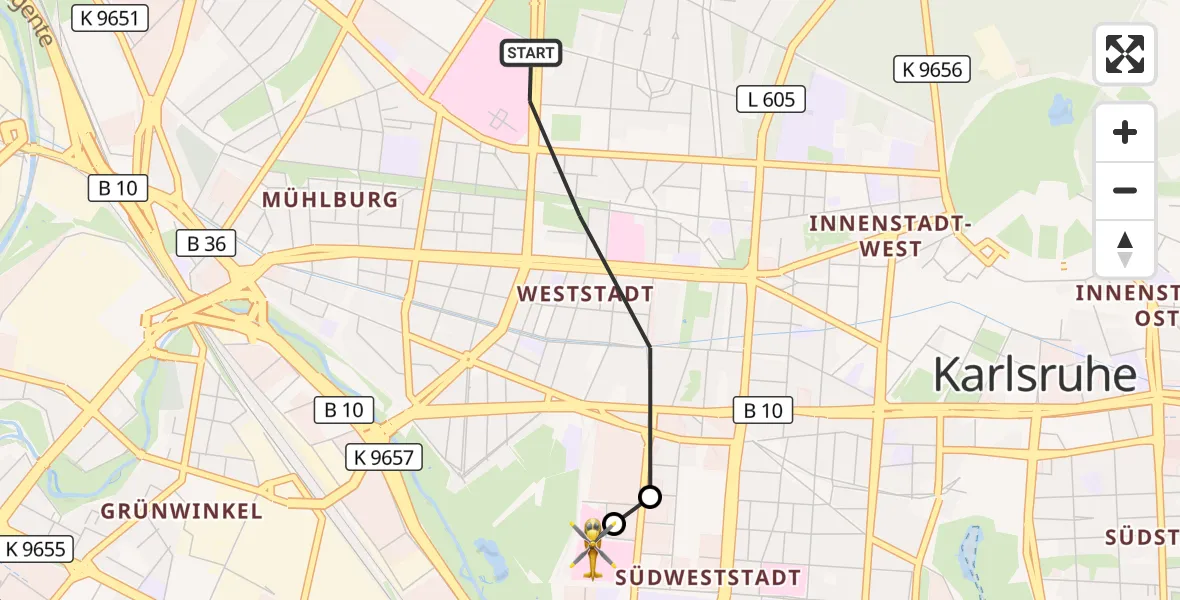 Flugroute Ambulanzhubschrauber Karlsruhe - Sankt Vincentius Hospital, 03 Juni 2026, 19:40