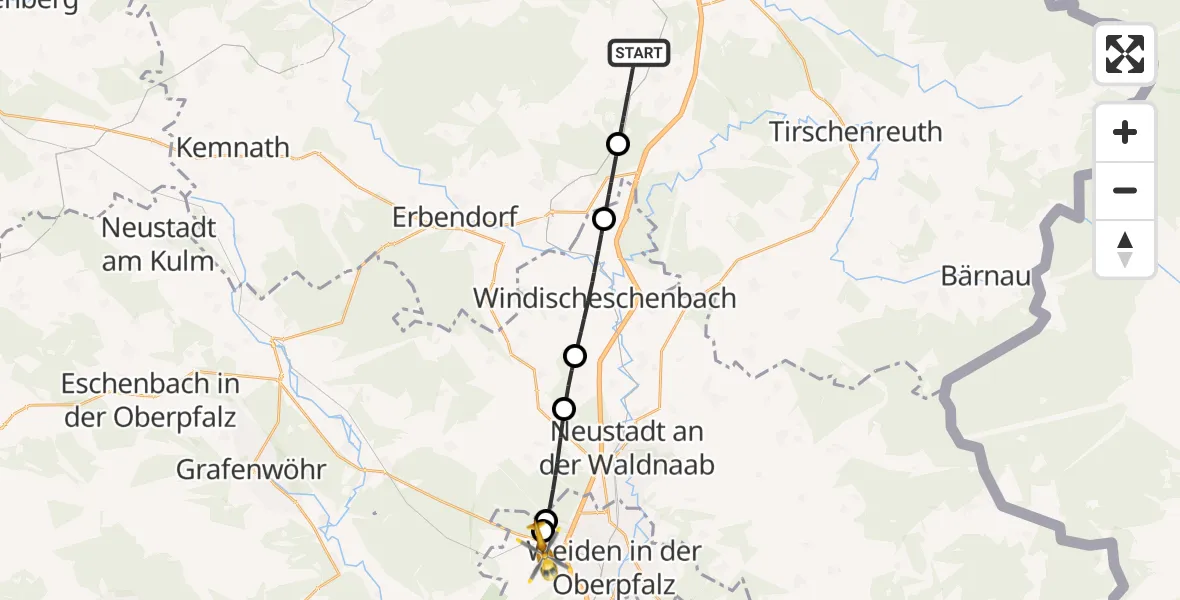 Flugroute Rettungshubschrauber Wiesau - Weiden i.d.OPf., 03 Juni 2026, 19:40