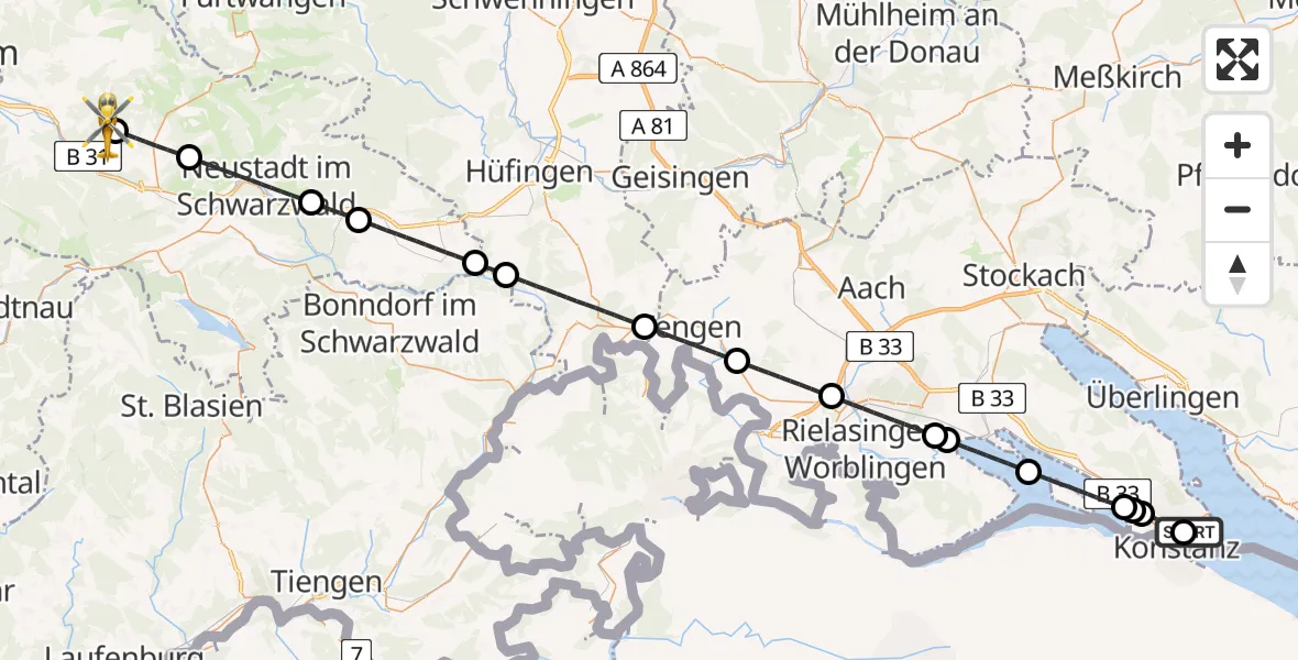 Flugroute Ambulanzhubschrauber Konstanz Hospital - Buchenbach, 03 Juni 2026, 19:44