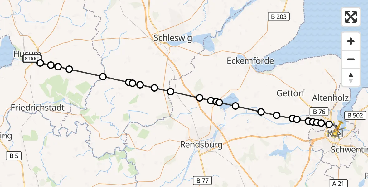 Flugroute Ambulanzhubschrauber Husum - Kiel, 03 Juni 2026, 20:06