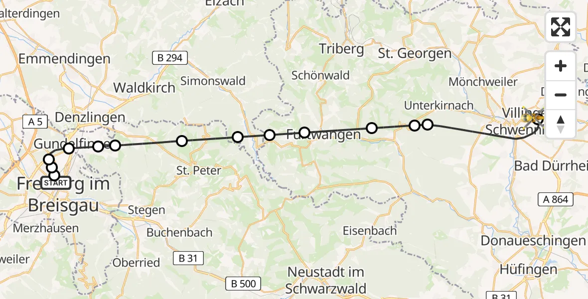 Flugroute Ambulanzhubschrauber Freiburg University Hospital Heliport 1 - DRF Air Rescue Station Villingen-Schwenningen Hubschrauberlandeplatz (Christoph 11), 03 Juni 2026, 20:39