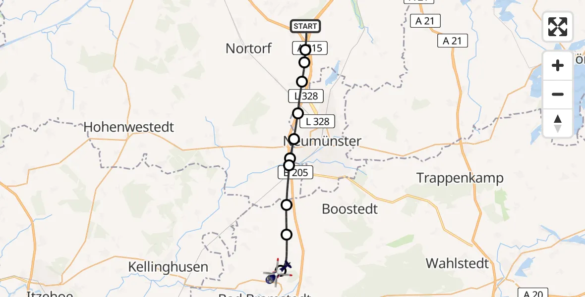 Flugroute Polizeihubschrauber Dätgen - Bad Bramstedt Hubschrauberlandeplatz, 03 Juni 2026, 20:43