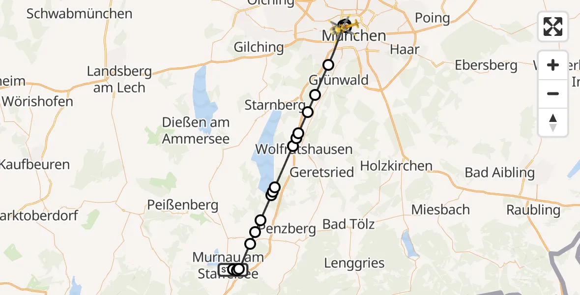 Flugroute Rettungshubschrauber Murnau Accident Hospital - Deutsches Herzzentrum München, 03 Juni 2026, 21:05