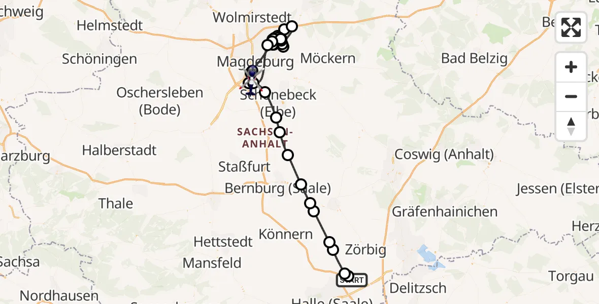 Flugroute Polizeihubschrauber Halle-Oppin Flugplatz - Magdeburg, 03 Juni 2026, 21:38