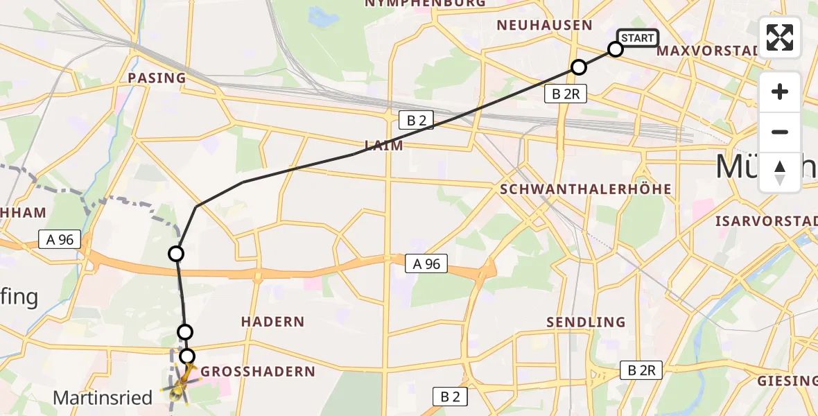 Flugroute Rettungshubschrauber Deutsches Herzzentrum München - DRF Air Rescue München Hubschrauberlandeplatz, 03 Juni 2026, 21:46
