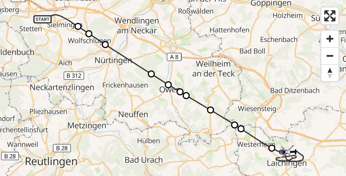 Flugroute Polizeihubschrauber Flughafen Stuttgart - Laichingen, 03 Juni 2026, 22:08
