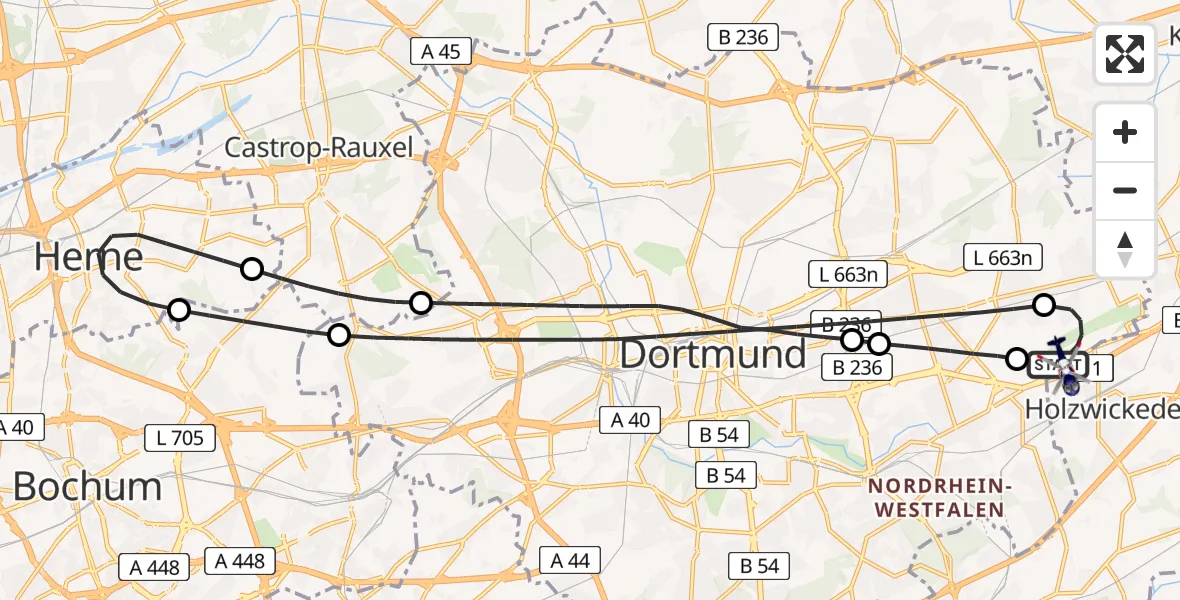 Flugroute Polizeihubschrauber Dortmund Flughafen - Dortmund Flughafen, 03 Juni 2026, 22:13