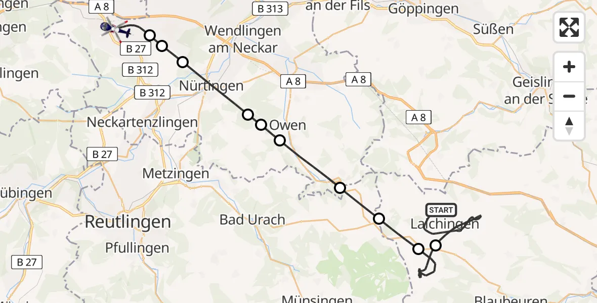 Flugroute Polizeihubschrauber Laichingen - Flughafen Stuttgart, 03 Juni 2026, 22:36