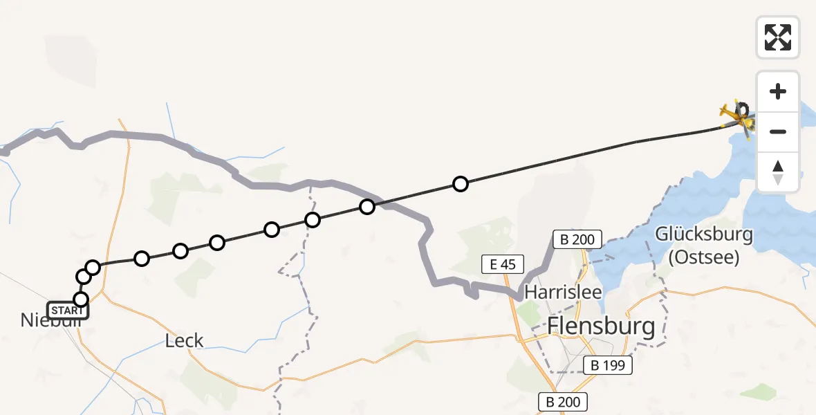 Flugroute Ambulanzhubschrauber Niebüll - Kruså-Padborg Airfield, 03 Juni 2026, 23:05