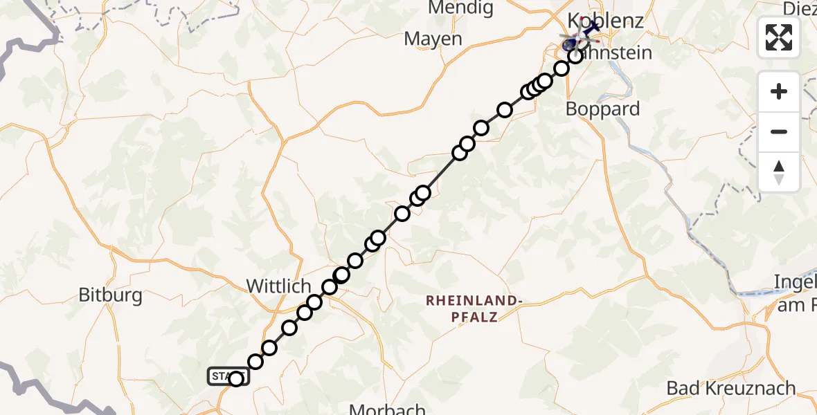 Flugroute Polizeihubschrauber Föhren - Koblenz, 03 Juni 2026, 23:17