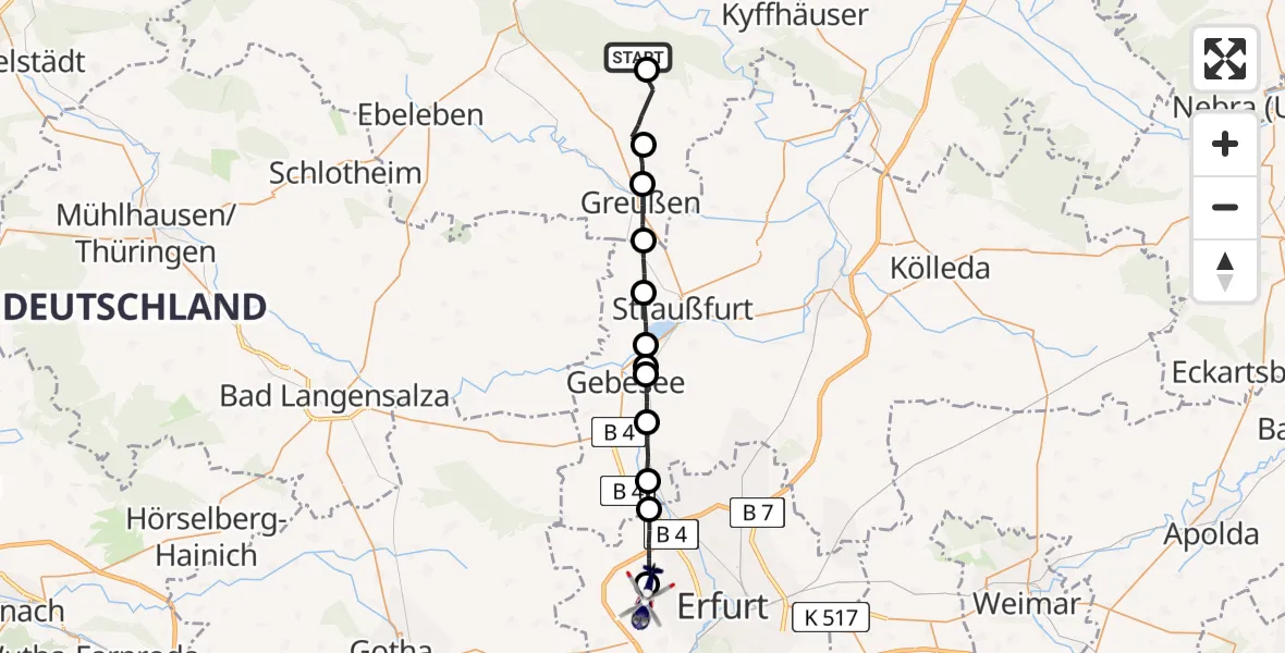 Flugroute Polizeihubschrauber Kyffhäuserland - Erfurt-Weimar Flughafen, 04 Juni 2026, 01:12