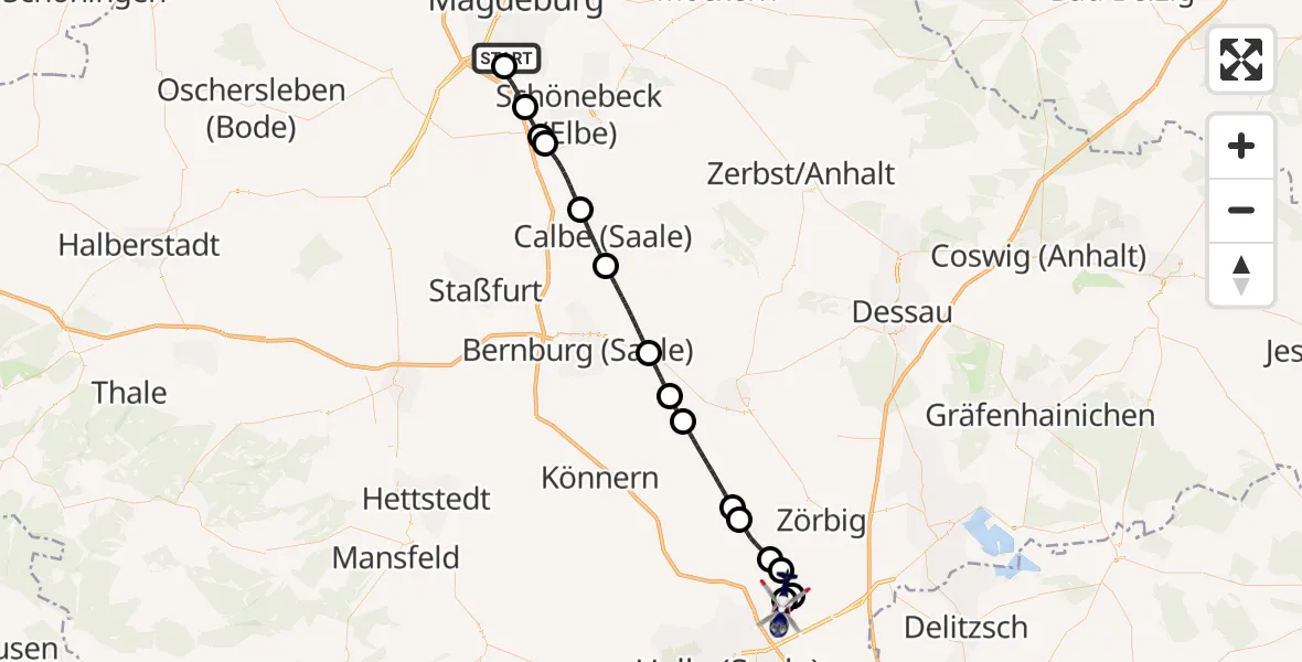 Flugroute Polizeihubschrauber Magdeburg City Flugplatz - Halle-Oppin Flugplatz, 04 Juni 2026, 02:09