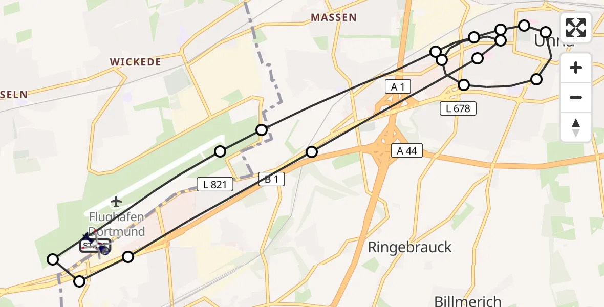 Flugroute Polizeihubschrauber Dortmund Flughafen - Dortmund Flughafen, 04 Juni 2026, 02:58