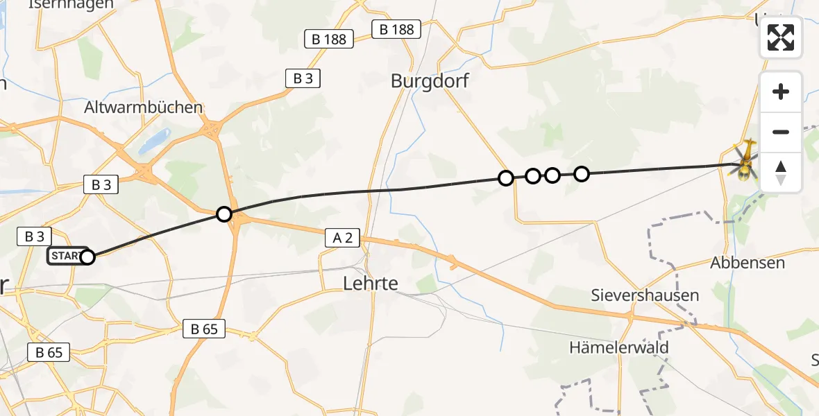Flugroute Rettungshubschrauber Hannover Luftrettung Hubschrauberlandeplatz (Christoph 4) - Uetze, 04 Juni 2026, 05:26