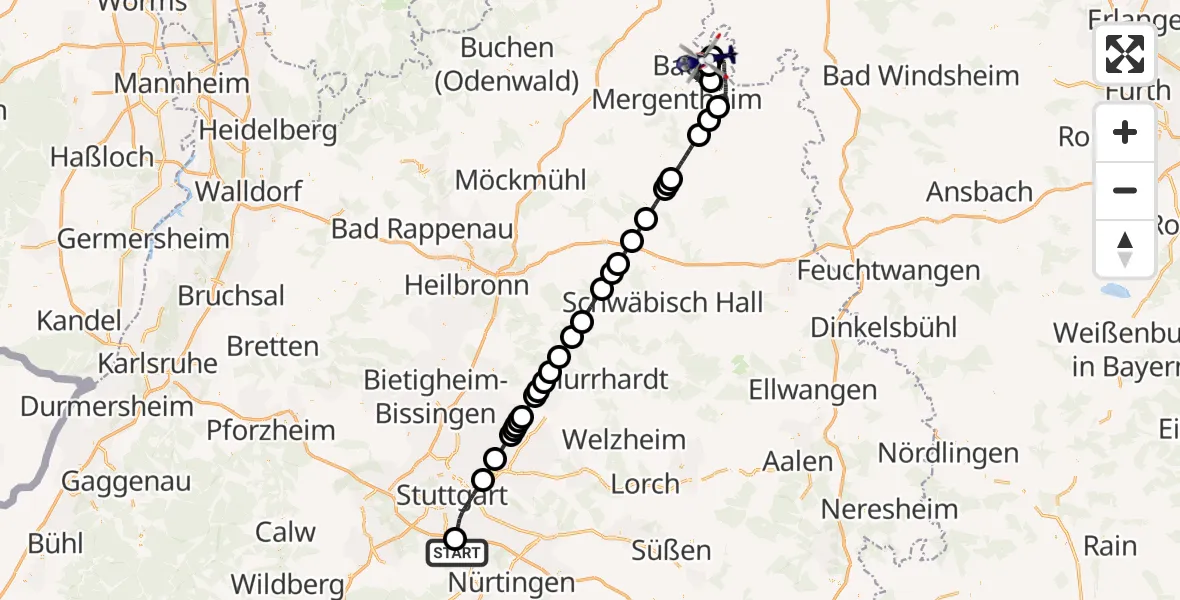 Flugroute Polizeihubschrauber Flughafen Stuttgart - Igersheim, 04 Juni 2026, 05:27