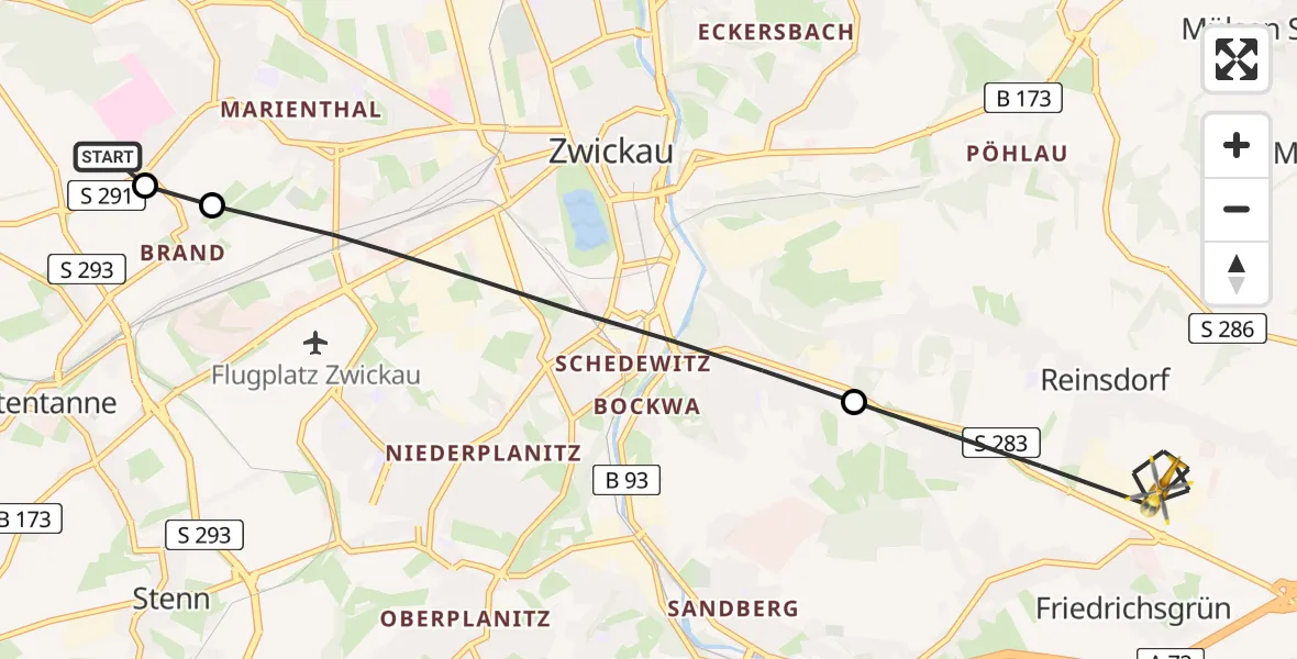 Flugroute Rettungshubschrauber ADAC Air Rescue Station Zwickau Hubschrauberlandeplatz - Reinsdorf, 04 Juni 2026, 05:43