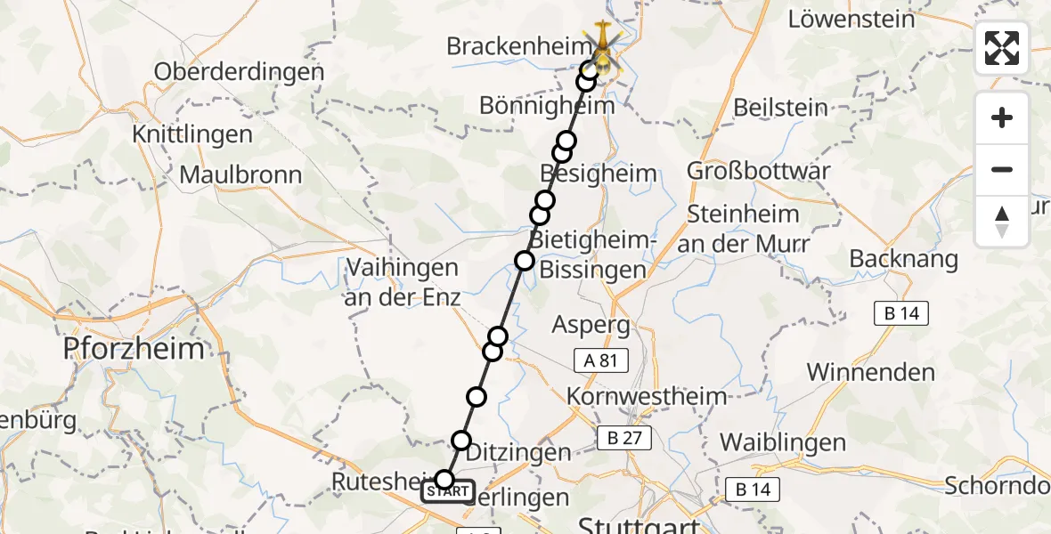 Flugroute Rettungshubschrauber Leonberg Hospital - Lauffen am Neckar, 04 Juni 2026, 05:46