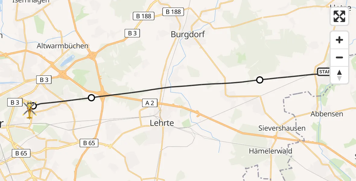 Flugroute Rettungshubschrauber Uetze - Hannover Luftrettung Hubschrauberlandeplatz (Christoph 4), 04 Juni 2026, 05:59