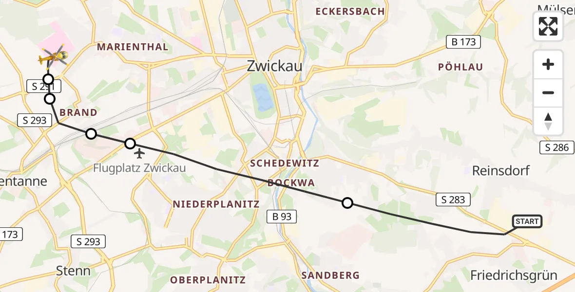 Flugroute Rettungshubschrauber Reinsdorf - ADAC Air Rescue Station Zwickau Hubschrauberlandeplatz, 04 Juni 2026, 06:11