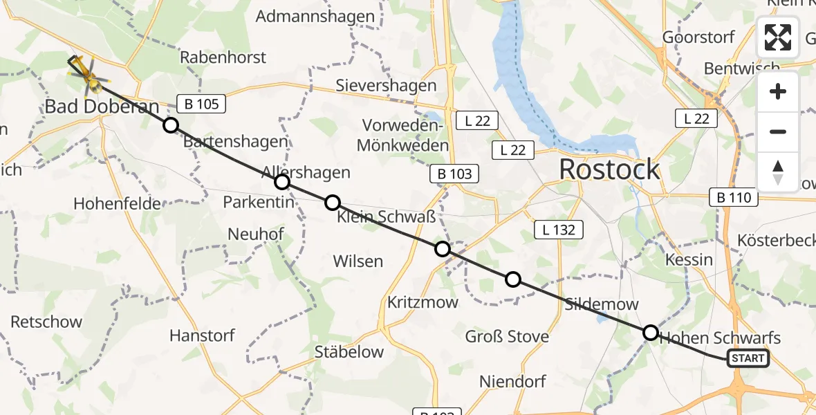 Flugroute Ambulanzhubschrauber Dummerstorf - Bad Doberan, 04 Juni 2026, 06:33