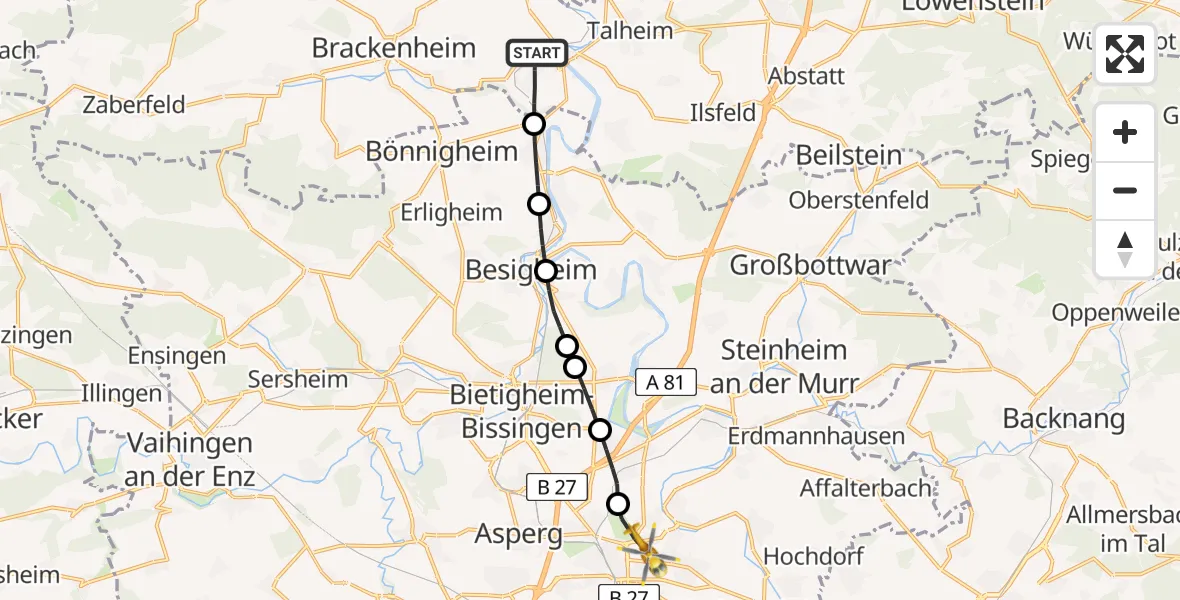 Flugroute Rettungshubschrauber Lauffen am Neckar - Ludwigsburg, 04 Juni 2026, 07:01