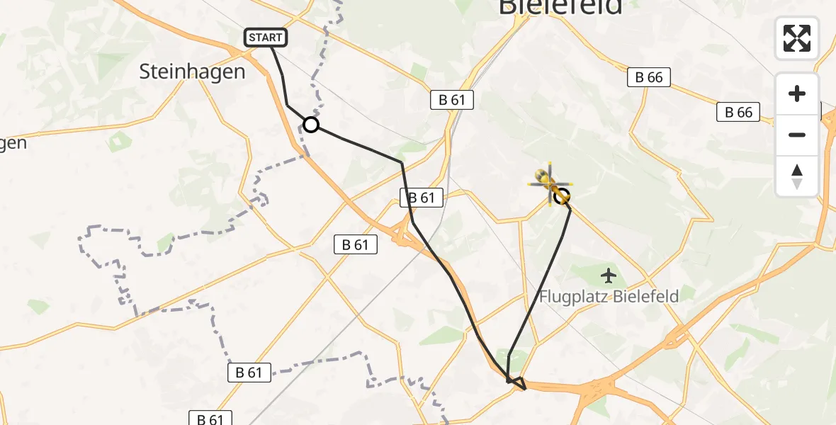 Flugroute Rettungshubschrauber Steinhagen - Luftrettungszentrum Bielefeld, 04 Juni 2026, 07:05