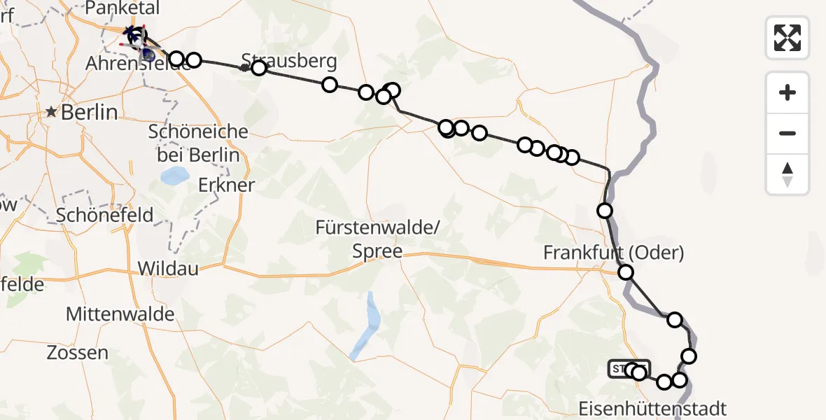 Flugroute Polizeihubschrauber Eisenhüttenstadt Flugplatz - Ahrensfelde Hubschrauberlandeplatz, 04 Juni 2026, 07:42