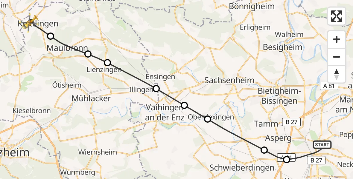 Flugroute Rettungshubschrauber Ludwigsburg - Knittlingen, 04 Juni 2026, 07:47