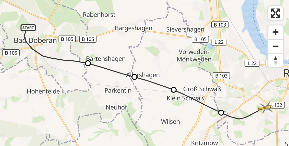 Flugroute Ambulanzhubschrauber Bad Doberan - Rostock, 04 Juni 2026, 07:48