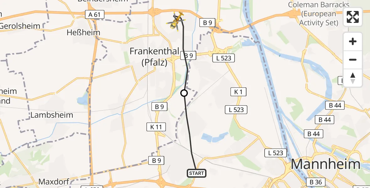 Flugroute Rettungshubschrauber Ludwigshafen am Rhein - Frankenthal (Pfalz), 04 Juni 2026, 07:50
