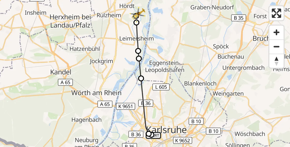 Flugroute Ambulanzhubschrauber Sankt Vincentius Hospital - Hördt, 04 Juni 2026, 07:55