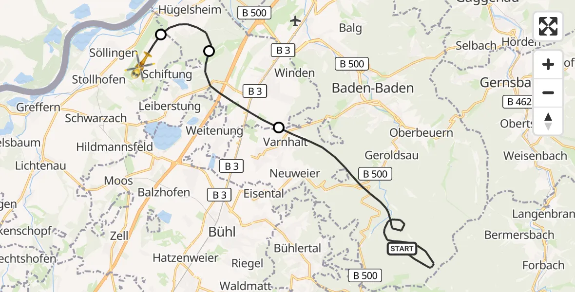 Flugroute Ambulanzhubschrauber Baden-Baden - Karlsruhe Baden-Baden Flughafen, 04 Juni 2026, 08:07
