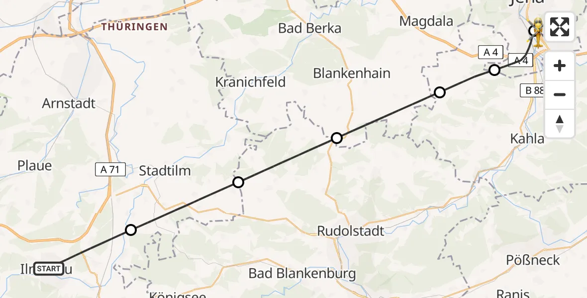 Flugroute Ambulanzhubschrauber Ilmenau - Lobeda Hubschrauberlandeplatz, 04 Juni 2026, 08:13