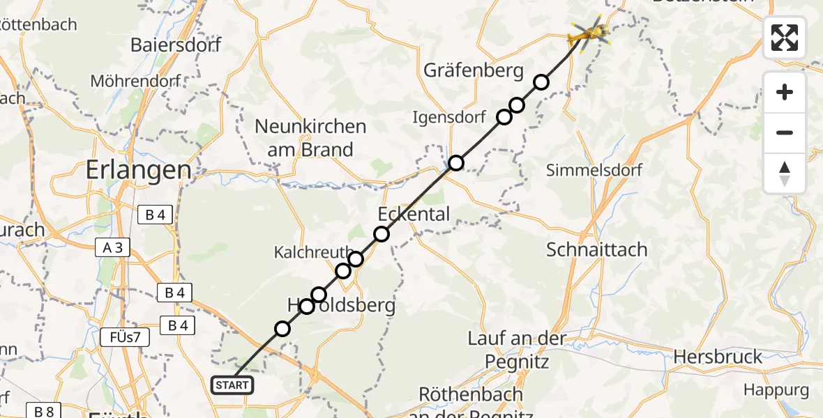 Flugroute Ambulanzhubschrauber Flughafen Nuremberg - Hiltpoltstein, 04 Juni 2026, 08:19