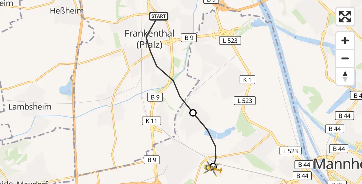 Flugroute Rettungshubschrauber Frankenthal (Pfalz) - Ludwigshafen Accident Hospital, 04 Juni 2026, 08:22
