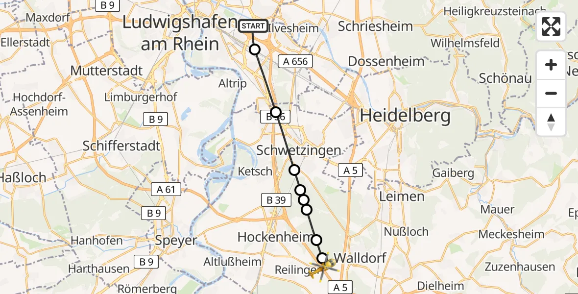 Flugroute Rettungshubschrauber Mannheim-City Flughafen - Walldorf, 04 Juni 2026, 08:24