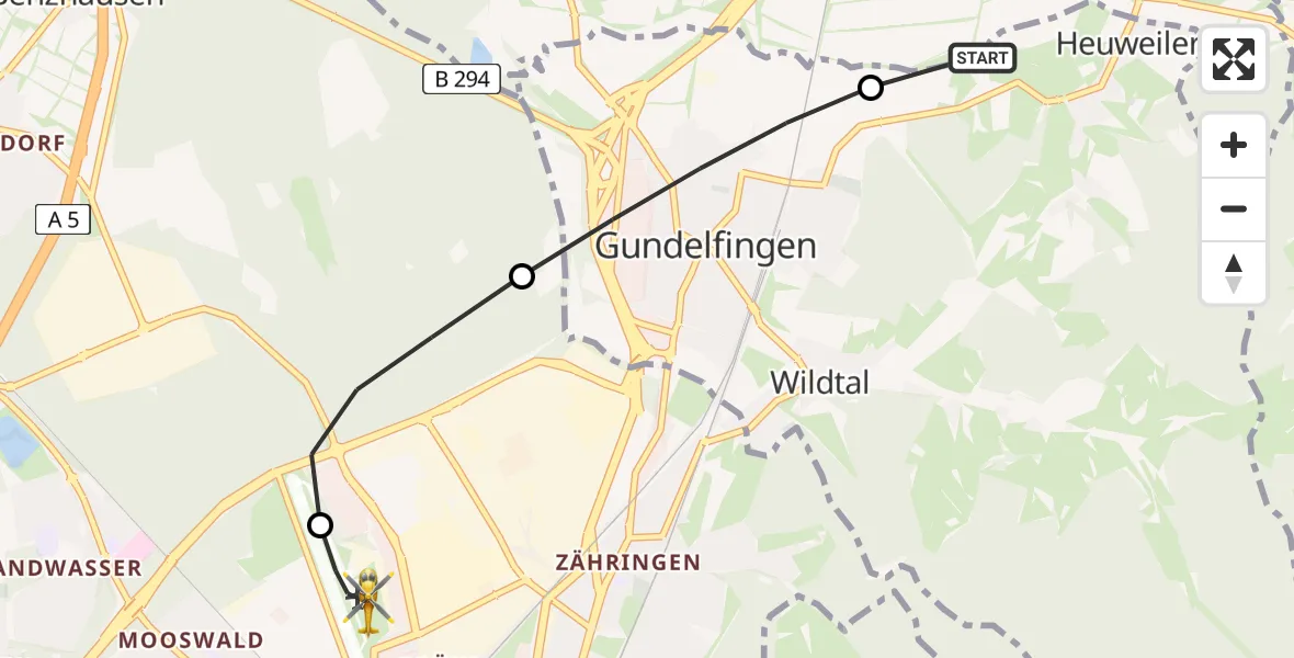 Flugroute Rettungshubschrauber Heuweiler - Freiburg im Breisgau Flugplatz, 04 Juni 2026, 08:44