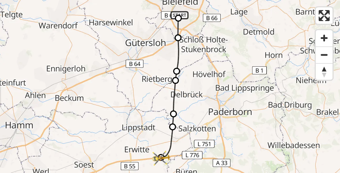 Flugroute Rettungshubschrauber Luftrettungszentrum Bielefeld - Rüthen, 04 Juni 2026, 08:45