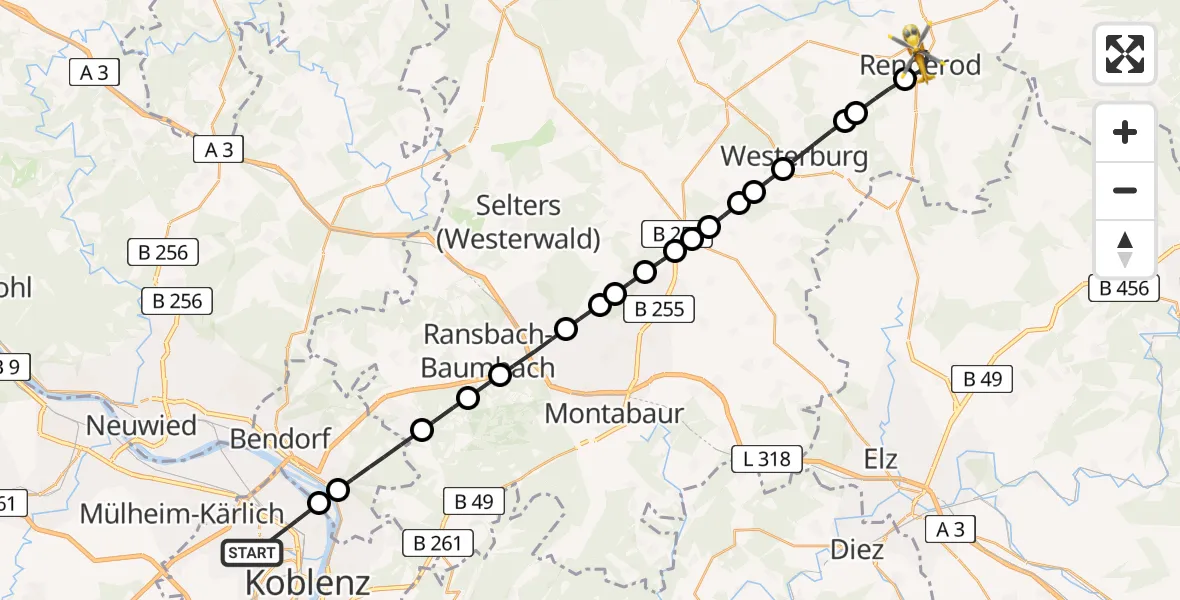 Flugroute Rettungshubschrauber Koblenz - Rennerod, 04 Juni 2026, 08:49