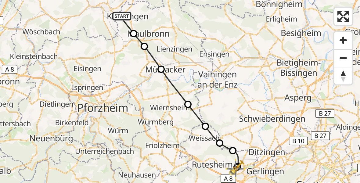 Flugroute Rettungshubschrauber Knittlingen - Leonberg Hospital, 04 Juni 2026, 08:50