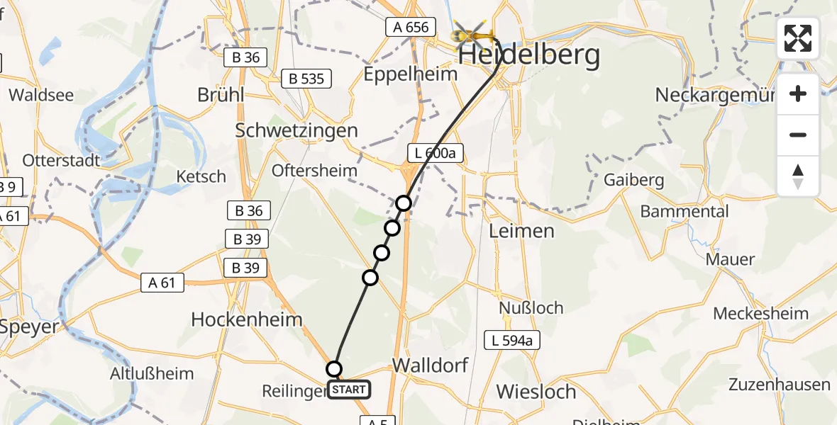 Flugroute Rettungshubschrauber Walldorf - Heidelberg, 04 Juni 2026, 08:57