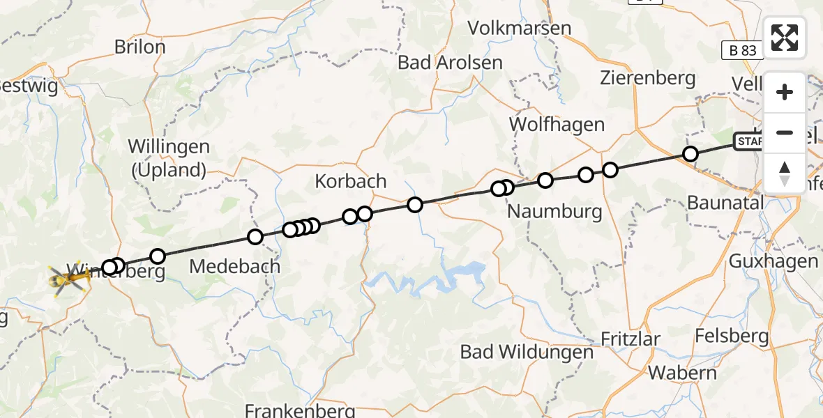 Flugroute Rettungshubschrauber Kassel - Winterberg, 04 Juni 2026, 08:59