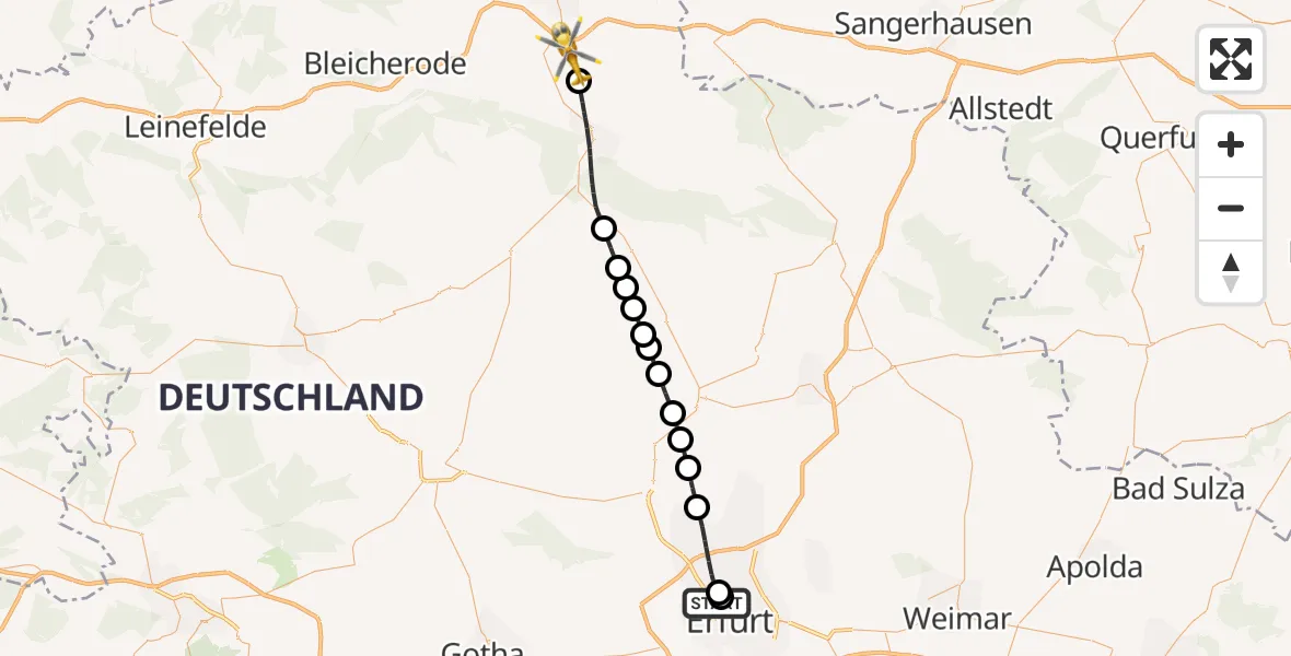Flugroute Rettungshubschrauber Helios Clinic Erfurt - Heringen/Helme, 04 Juni 2026, 09:04