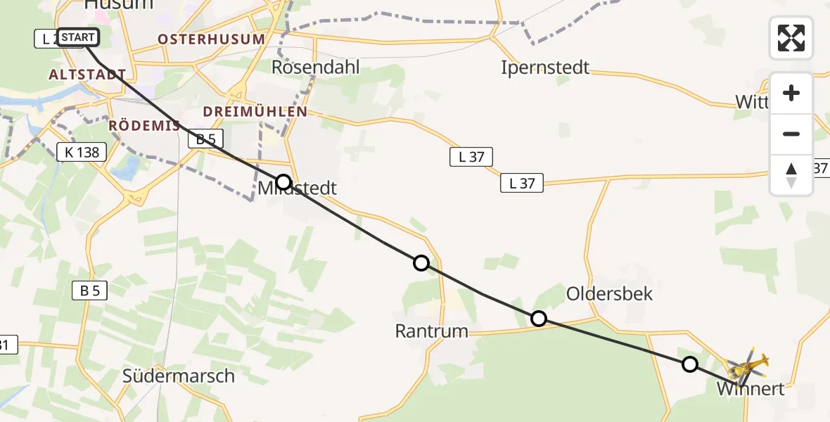 Flugroute Ambulanzhubschrauber Husum - Winnert, 04 Juni 2026, 09:07