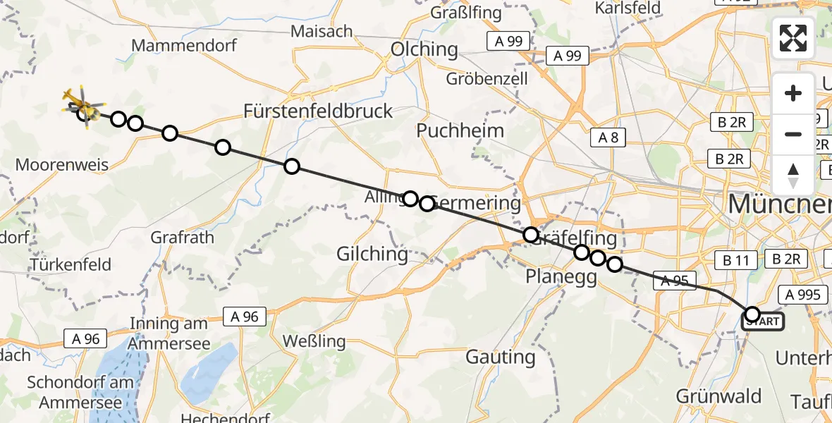 Flugroute Rettungshubschrauber ADAC Air Rescue Center Hubschrauberlandeplatz (Christoph 1) - Moorenweis, 04 Juni 2026, 09:18