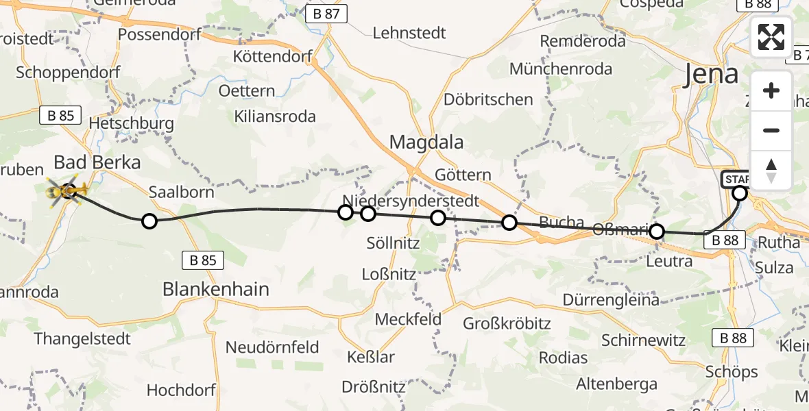 Flugroute Ambulanzhubschrauber Lobeda Hubschrauberlandeplatz - Bad Berka Central Hospital, 04 Juni 2026, 09:21