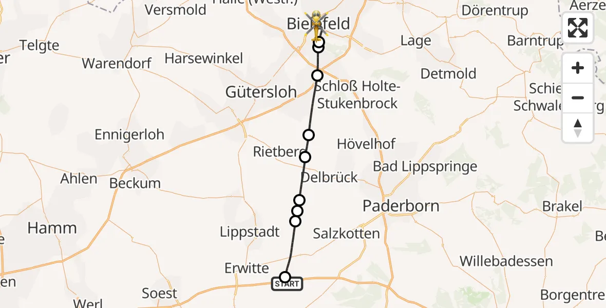 Flugroute Rettungshubschrauber Rüthen - Bielefeld, 04 Juni 2026, 09:25