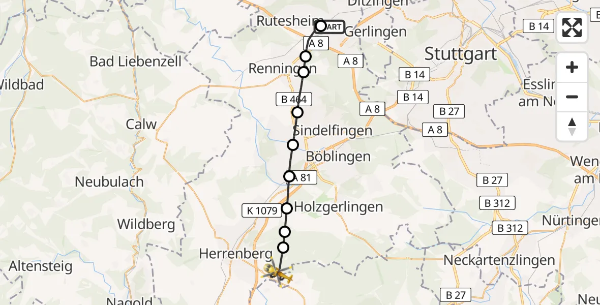 Flugroute Rettungshubschrauber Leonberg Hospital - Herrenberg, 04 Juni 2026, 09:27