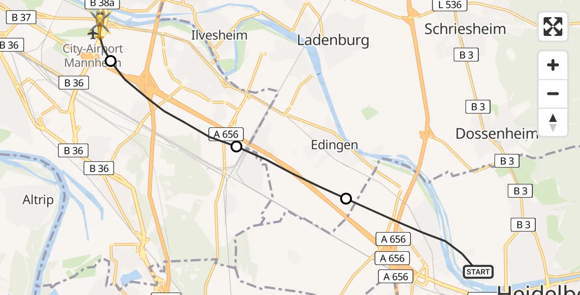Flugroute Rettungshubschrauber Heidelberg - Mannheim-City Flughafen, 04 Juni 2026, 09:31